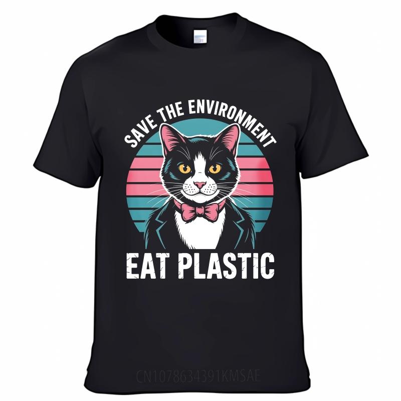 New Arrived Unisex Crew Neck Tshirt Black Save The EnvironUnisext Eat Plastic Cat Everyday For Unisex Tee Shirt Male Summer Teeshirt