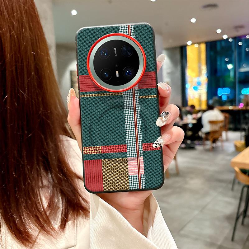 For Huawei Mate 70 60 Pro Case Red Green Stripe Pattern Leather Magsafe Individual Metal Keys Matte Anti-Slip Grip Soft Cover