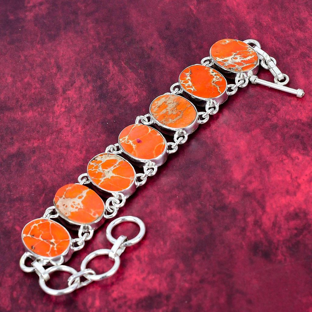 Orange Sea Sediment 925 Solid Sterling Silver Bracelet with Adjustable Chain, Handmade Gemstone Jewelry Bracelet For Memorial Day