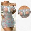 Rochie pliată cu un umăr, la modă și sexy pentru femei, rochie transparentă imprimată, care acoperă șoldul Fusta subțire sexy