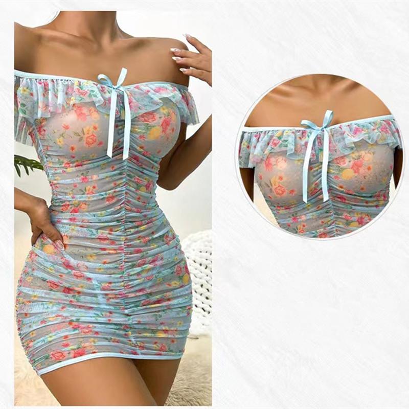Rochie pliată cu un umăr, la modă și sexy pentru femei, rochie transparentă imprimată, care acoperă șoldul Fusta subțire sexy
