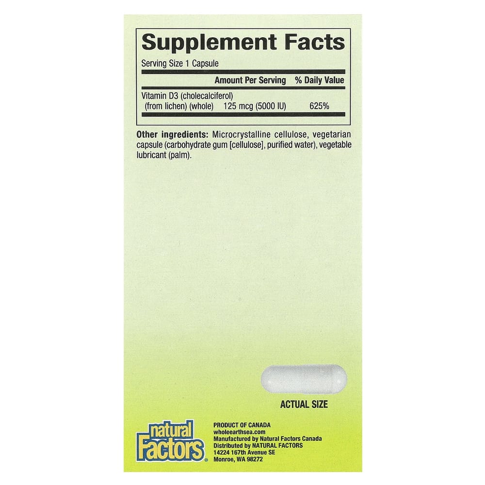 Natural Factors Whole Earth & Sea Bioenhanced Vegan Vitamin D3 5000 IU, 60 Veggie Capsules