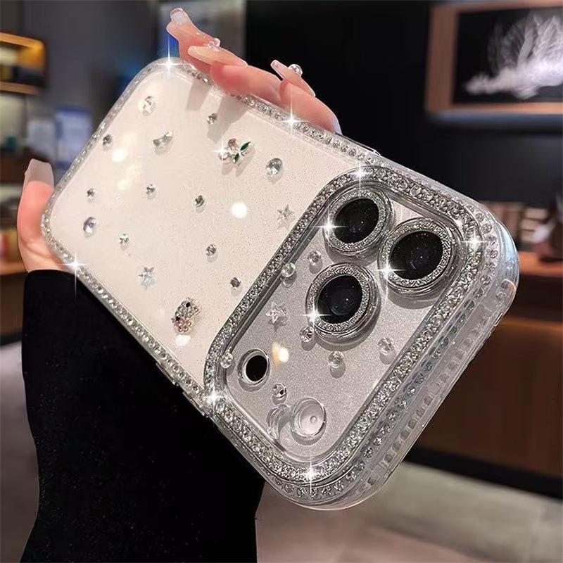Doppelseitige Strass-Glitzer-Hülle mit Vollabdeckungs-Linsenfolie für iPhone 17 Pro Max, 16 Pro, 15 Pro