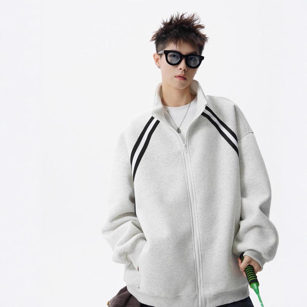 Men's Winter Patchwork Stand Collar Hoodie - Trendy Striped Casual Jacket