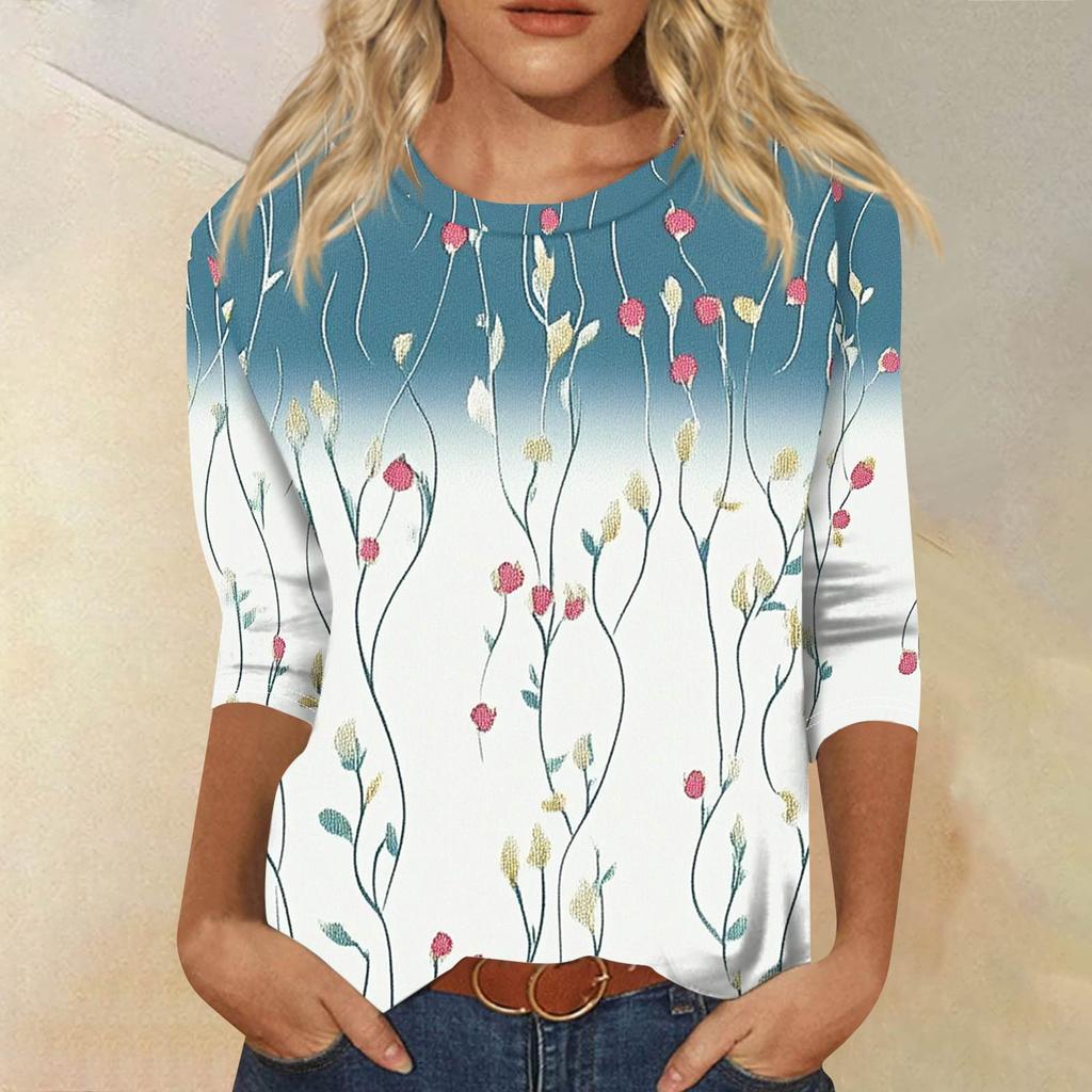 Women's Fashion Casual Seven Sleeve Printed Round Neck T-Shirt Top