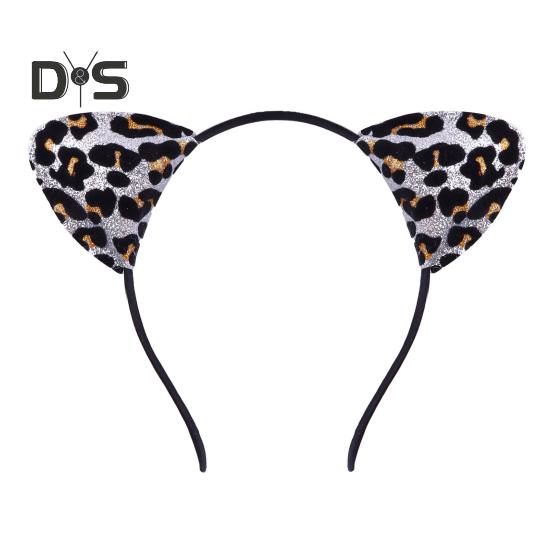 

Обруч для волос с леопардовым принтом, украшение в виде кошачьего ушка, повязка на голову на Хэллоуин, мягкий регулируемый головной убор для косплея, украшение для тематической вечеринки серебряный