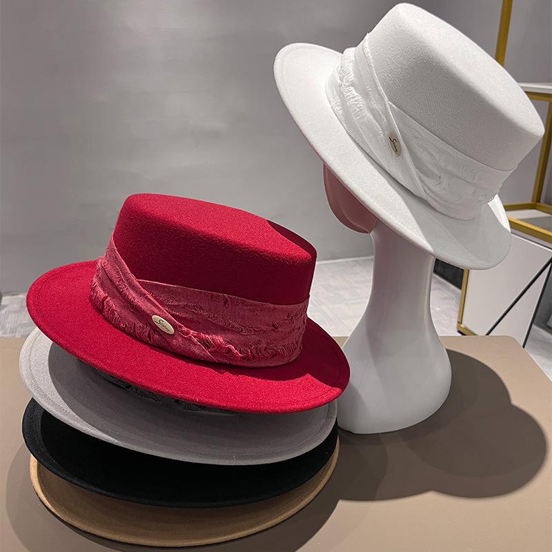 Spring and Autumn Versatile Women's Retro Wool Flat Top Hat British Style Literary French Elegant Temperament Top Hat