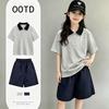 Girls' Trendy Retro Patchwork Polo T-Shirt Set - New Summer Cotton Collared Short-Sleeves for Medium & Large Children.