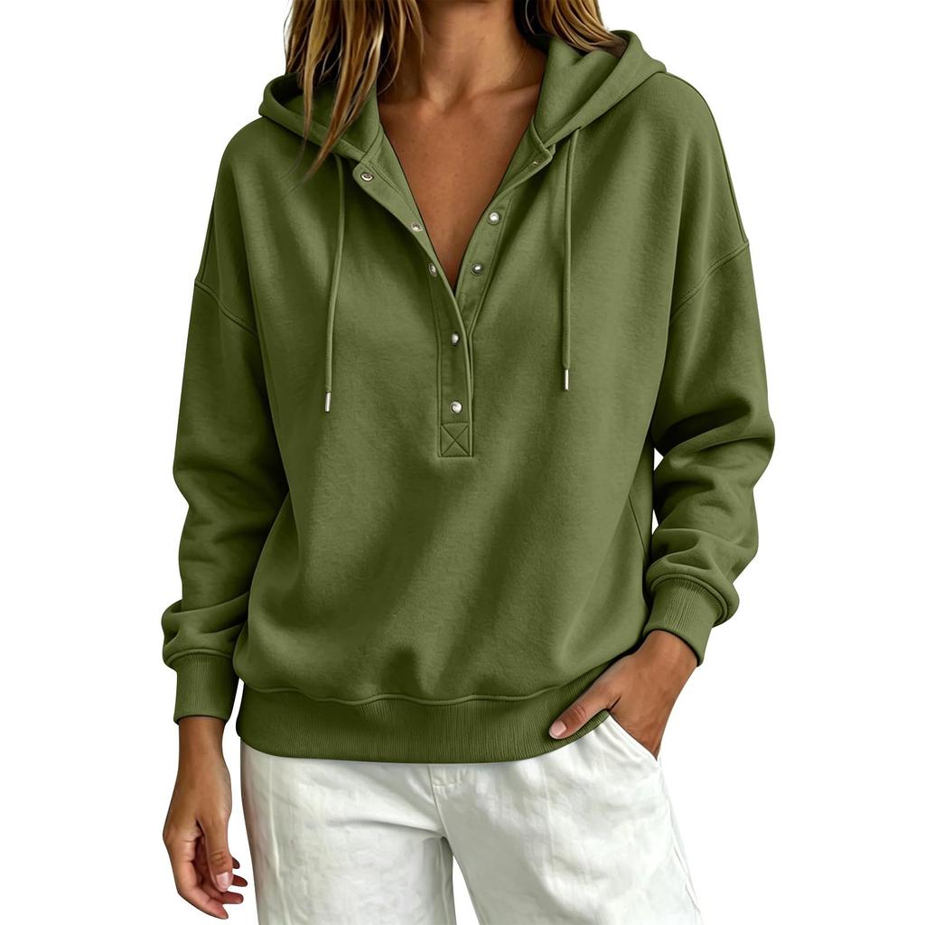 Women's Casual Button Front Hoodie Loose Fit Color Sweatshirt