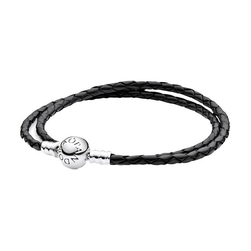 Pandora Cow Leather Double Circle Braid 925 Silver Bracelet, Same Style for Men and Women, Couple Model, Black Black 41 Book Shape Jewelry Box