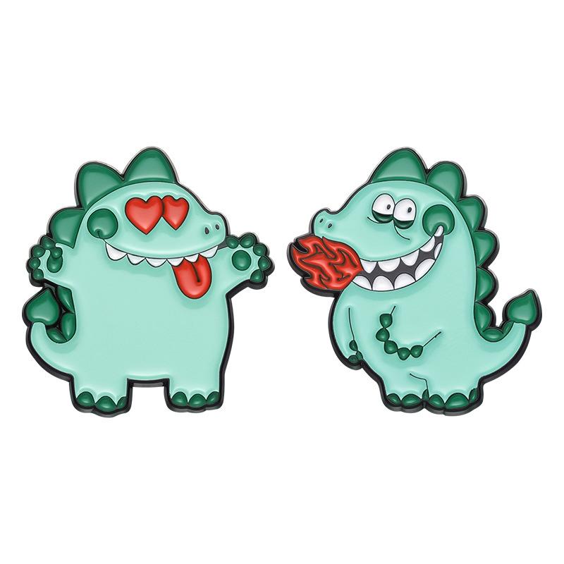 Playful Green Cartoon Dinosaur Inspired Brooch With Heart And Rose Design Couples For