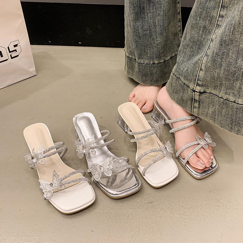 French Rhinestone Sandals Women's Summer Wear Fashion High-end Bow Crystal Middle Heel Thick Heel with Skirt Cool Slippers