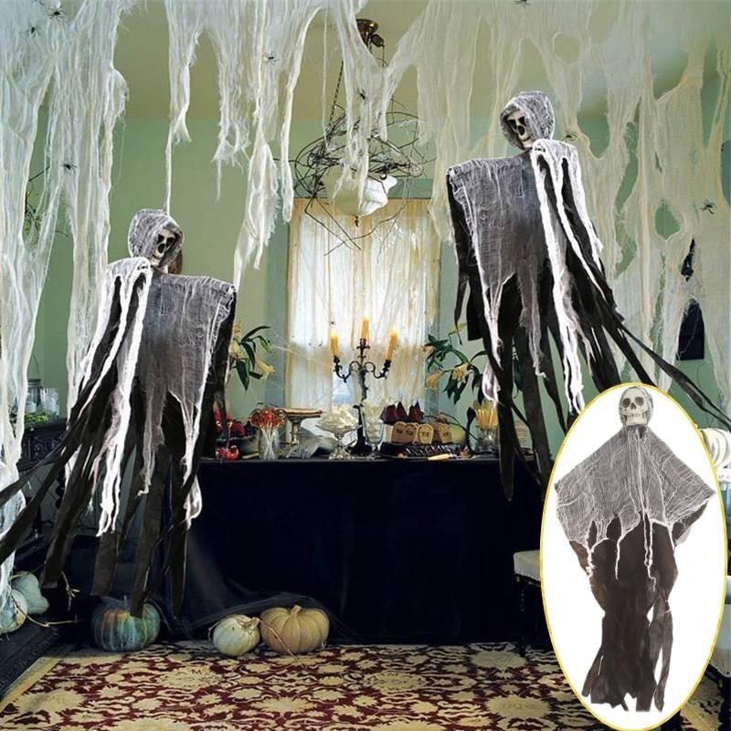 Läskig Halloween-dekoration Hängande spökskalle med gasväv För spökhus Läskig rekvisita