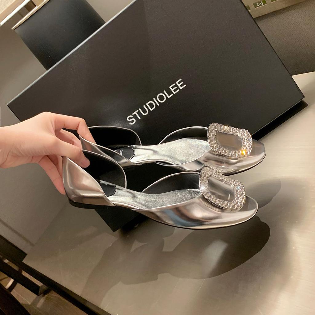 Sheepskin Version of Grape Mother, the Same Spring and Summer New Fairy Square Diamond Buckle Shallow Mouth Shoes Hollow Sandals Women's Flat Shoes