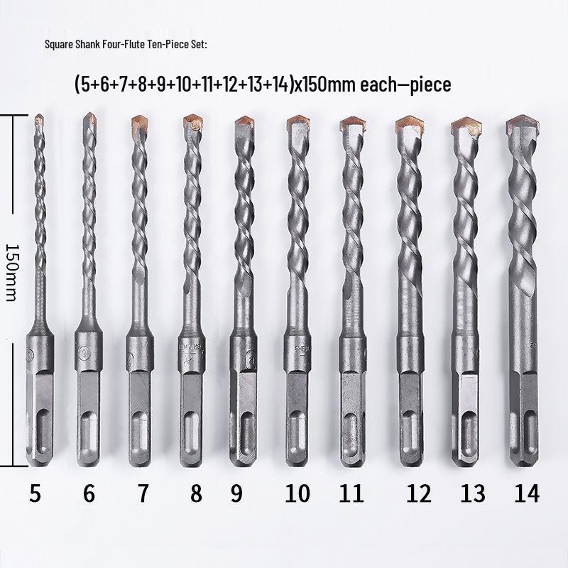 10-Piece Electric Hammer Drill Bit Set, Square & Round Shank (Sizes 4-14)
