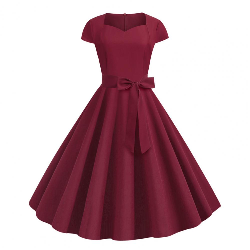 Kjole til dame V-hals Belte Sløyfedekor A-linje Stor sving Tettsittende Høy midje Ensfarvet Retro Kortermet Prinsessestil Dame Midi Dr