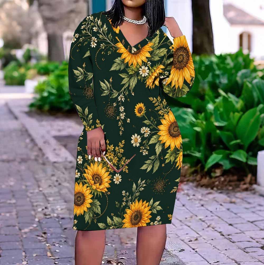 Women Plus Size V Neck Long Sleeve Floral Printed Navy Blue Fitted Dress