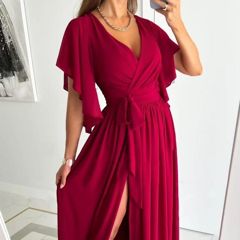 Women's V Neck Maxi Dress Short Sleeve Wrap Front High Slit Elegant Party Dress