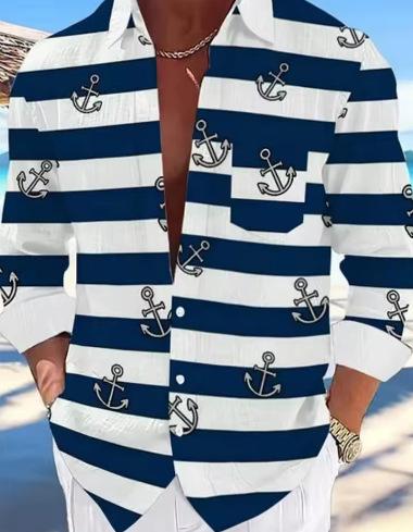 Men s Nautical Anchor Printed Long Sleeve Shirt Casual Loose Breathable Beach Wind Shirt Single-breasted Hawaiian Shirt XXS
