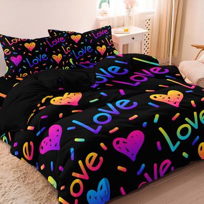 3pcs Set Valentine'S Day Colorful Love Digital Print Duvet Cover Set Black And Colored Heart Duvet Cover Set Shaped Bedding