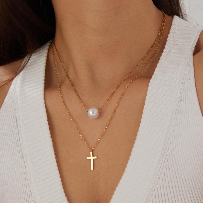 Gold Plated Stainless Steel Double Layer Cross & Pearl Pendant Necklace for Women