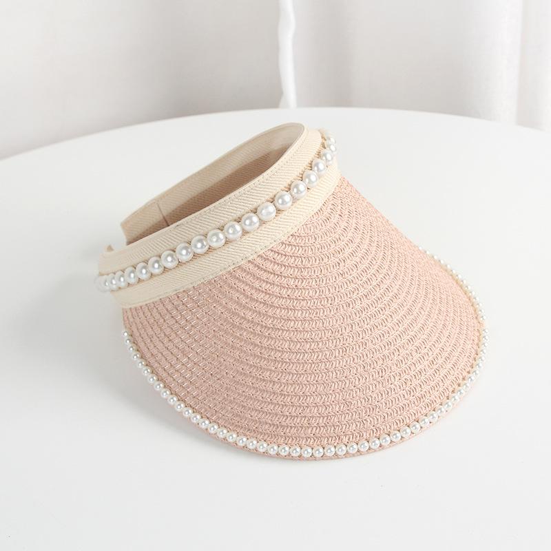 Summer Woman Straw Pearl Decor Sun Hats Antiuv Female Outdoor Hand Made Cap Casual Shade Hat Empty Top Hat Beach Vacation Visor