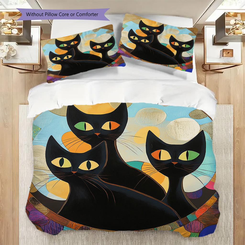 Black Cat Pattern Bedding Quilt Set Quilt Cover Pillowcase Home Decoration Birthday Gift (1 * Duvet Cover + 2 * Pillowcase, Without Core)