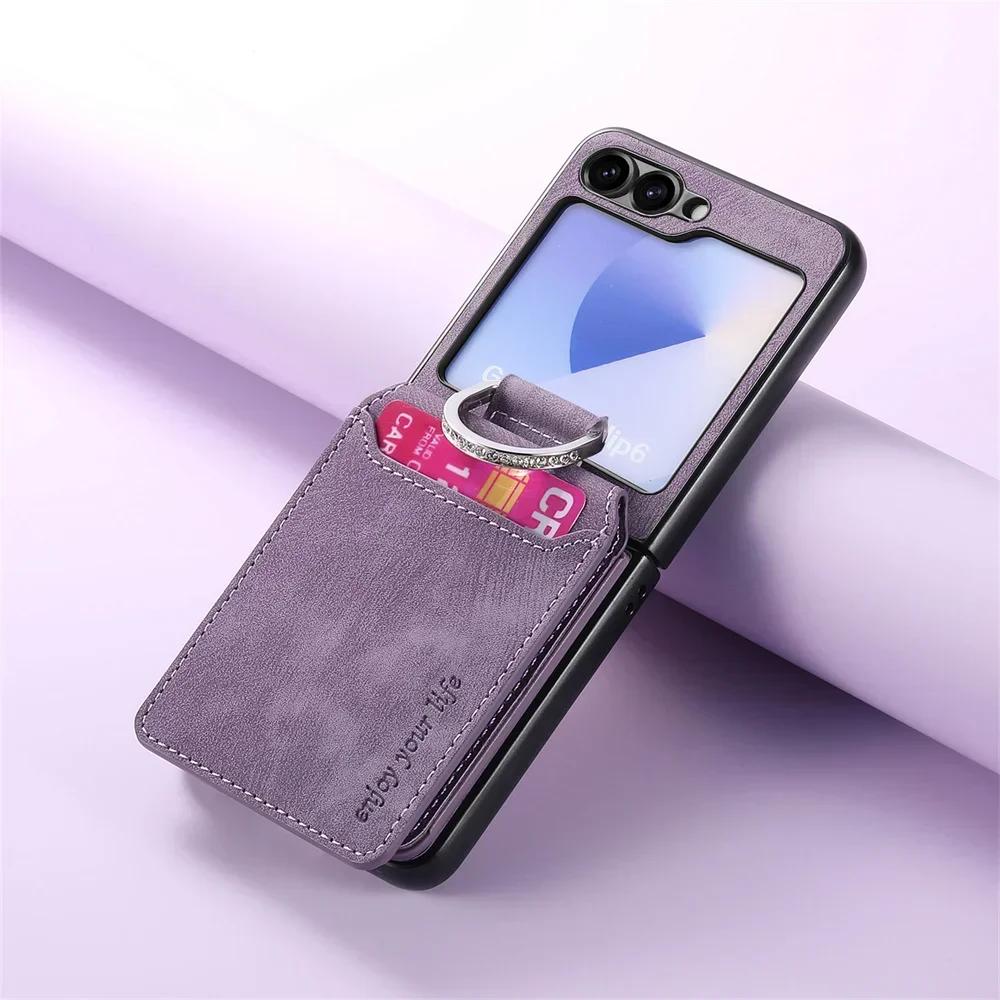 Retro Leather Wallet Phone Case with Ring Bracket for Samsung Galaxy Z Flip 7 Fe 6 5 4 3 Flip6 Flip5 Flip4 5G Cover Card Holder