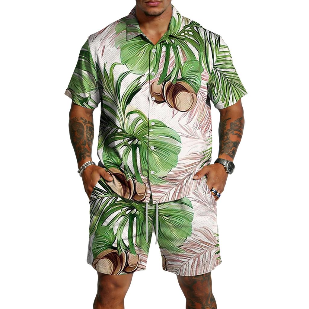 Men's Casual Printed Top and Drawstring Shorts Set Lightweight Breathable Set for Summer