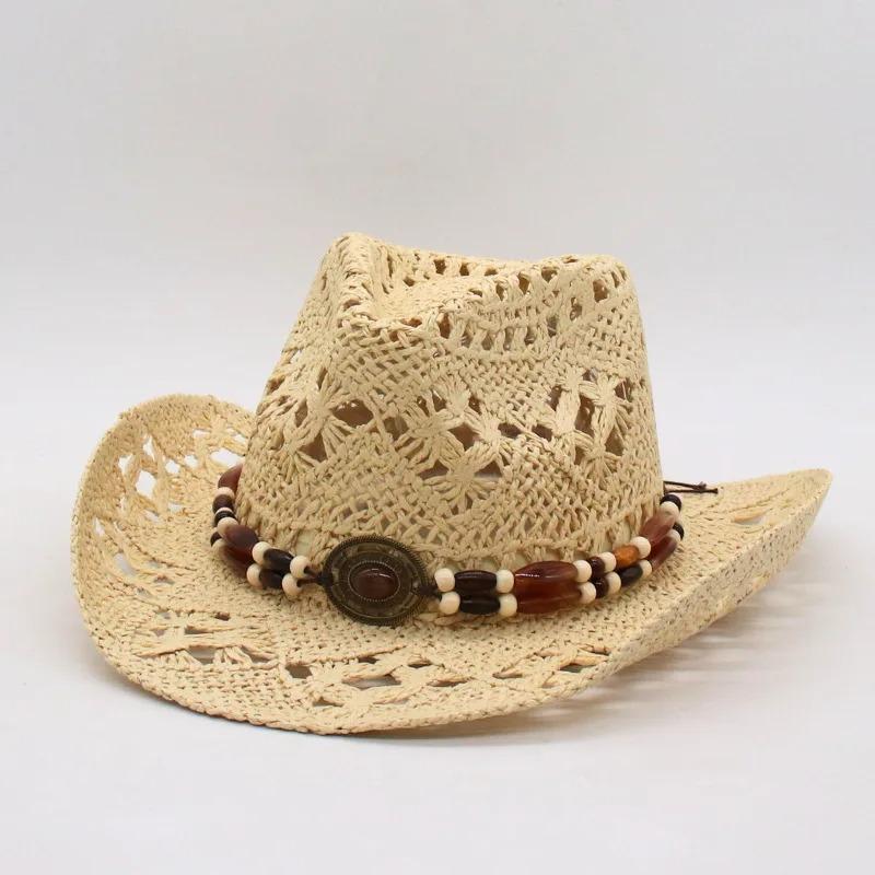 New Vintage Summer Beach Bohemian Straw Hat Shell Women Men Western Cowboy Hats Wooden Beads Hollow Out Sun Hat Holiday Cap