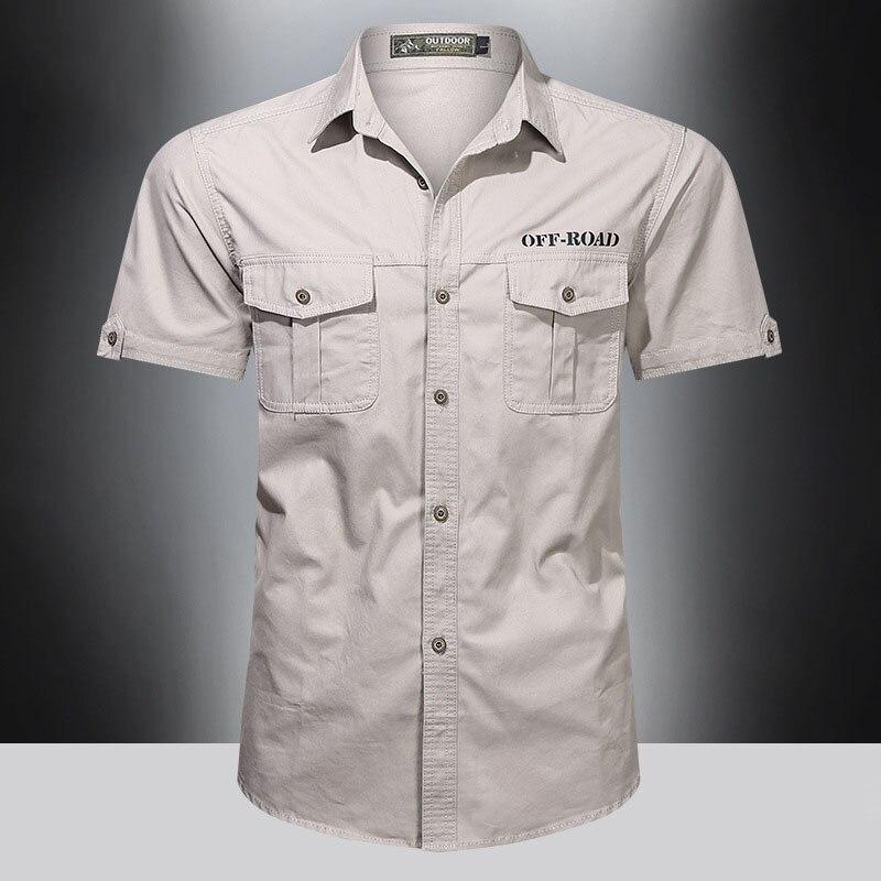 Summer Men‘s Tooling Shirt Breathable Sweat-Absorbent Cotton  Short-Sleeve Men Soft Solid Color Turn-Down Collar Shirts Plus Size