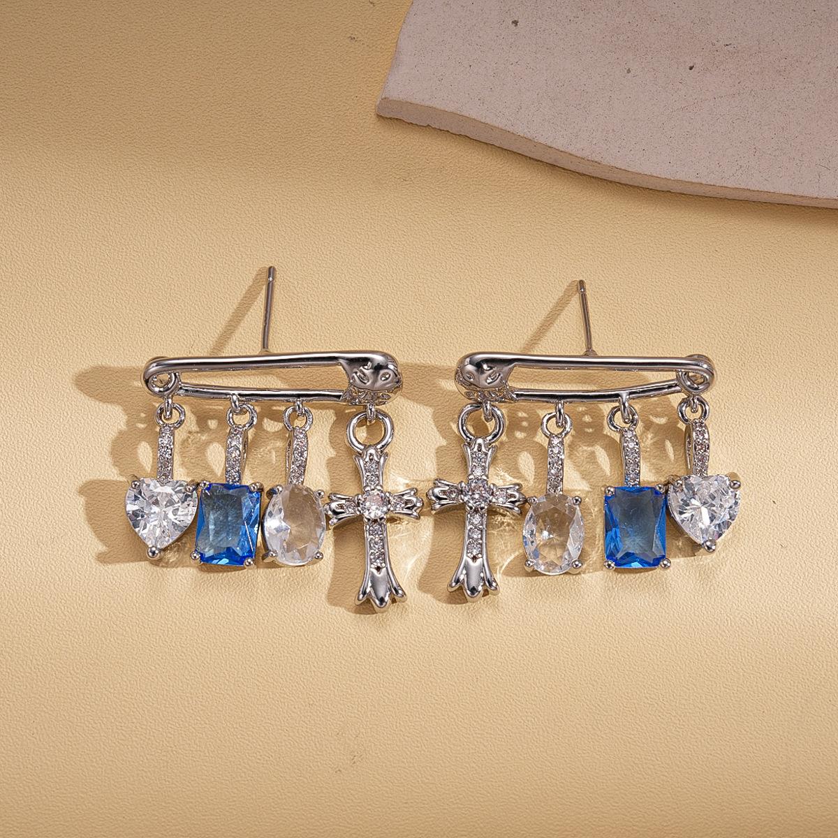 

Zircon Pin Cross Love Silver Needle Earrings Creative Earrings