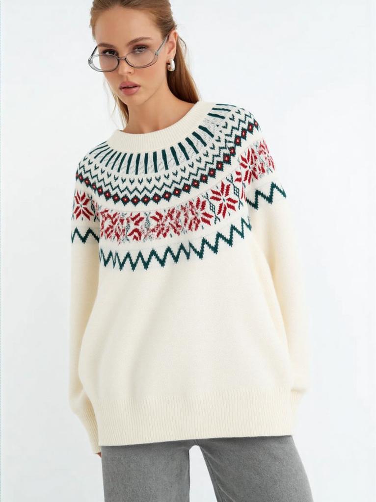 Vintage Jacquard Christmas Red Fair Island Sweater Women's Pullover Loose Autumn and Winter Lazy Knitted Sweater Women's Versatile