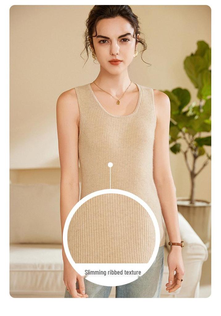 Women's Slim Fit Cashmere Ribbed Camisole - Autumn/Winter Round Neck Knit