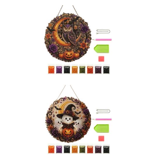 Halloween Diamond Painting Kits Ghost/Owl Art Hanging Ornament Kit, Festive Window Decorations Suncatcher, DIY Pendant Decor Indoor Holiday Decorative