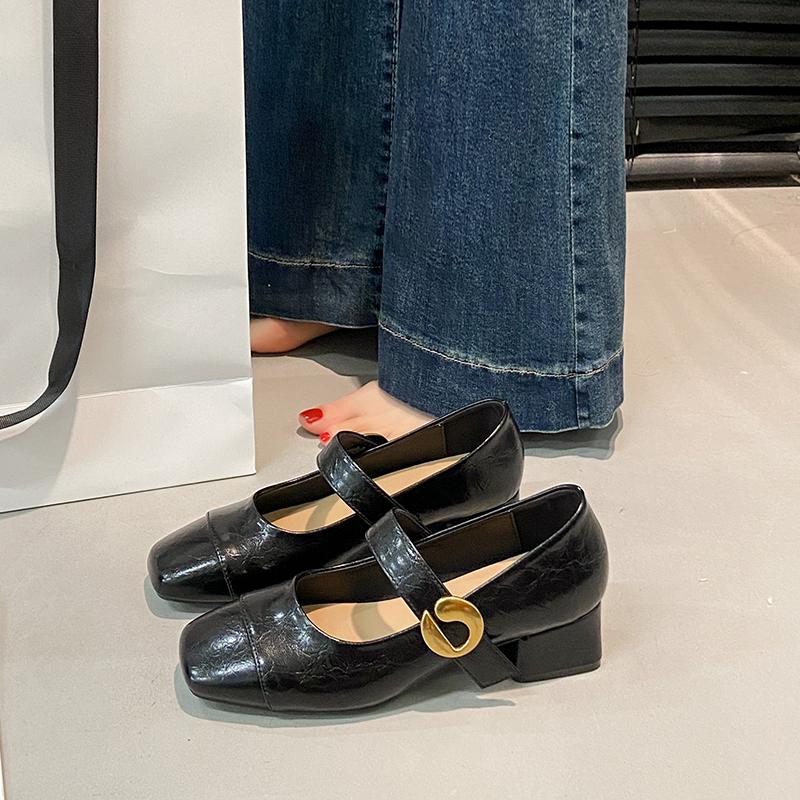 

Fashion 2025 Women s Coarse Heel Shoes Spring New Square Head Shallow Mouth Metal Buckle Anti-slip Wear-resistant Low-top Shoes 34 чёрный