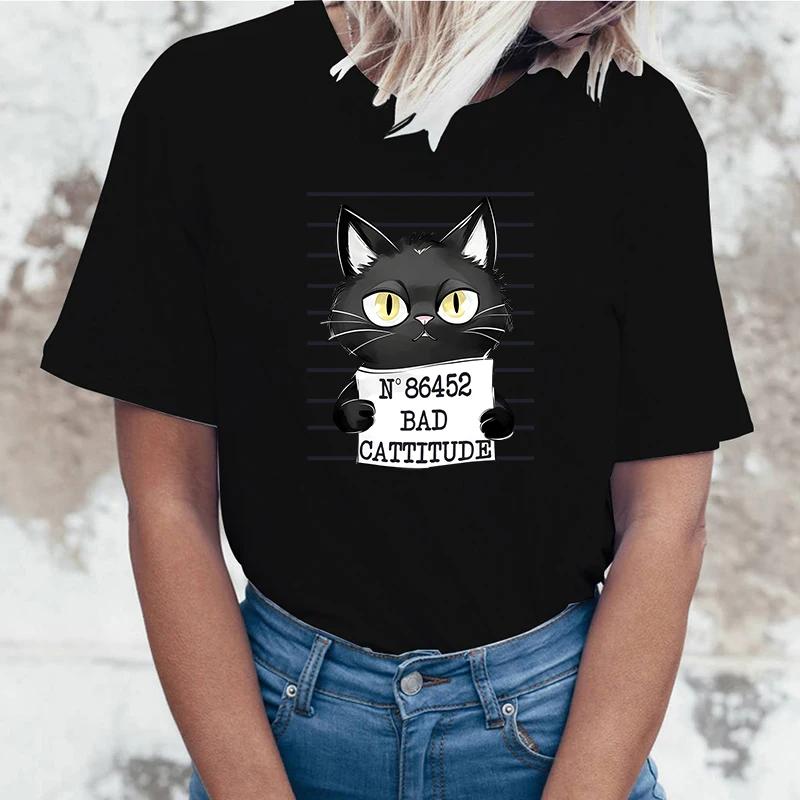 Bad Cattitude Cat T-Shirts For Women Summer Tee Shirt Femme Casual Short Sleeve Round Neck Tops T-Shirts