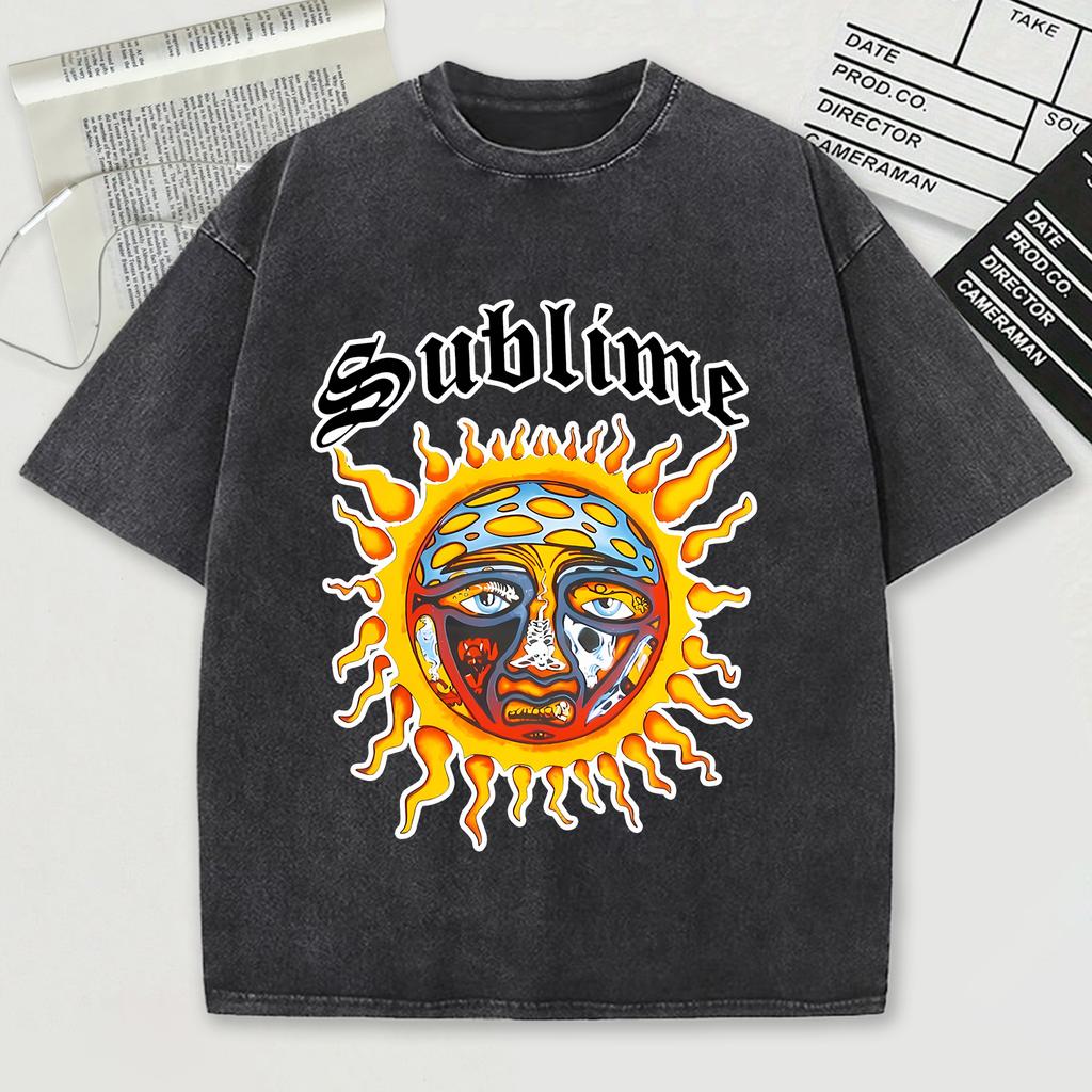 The Sun In Sublime Full Of Holes And Wounds Design Retro Herren T-Shirt Washed Cotton T-Shirt O-Ausschnitt Kurzarm Unisex Top