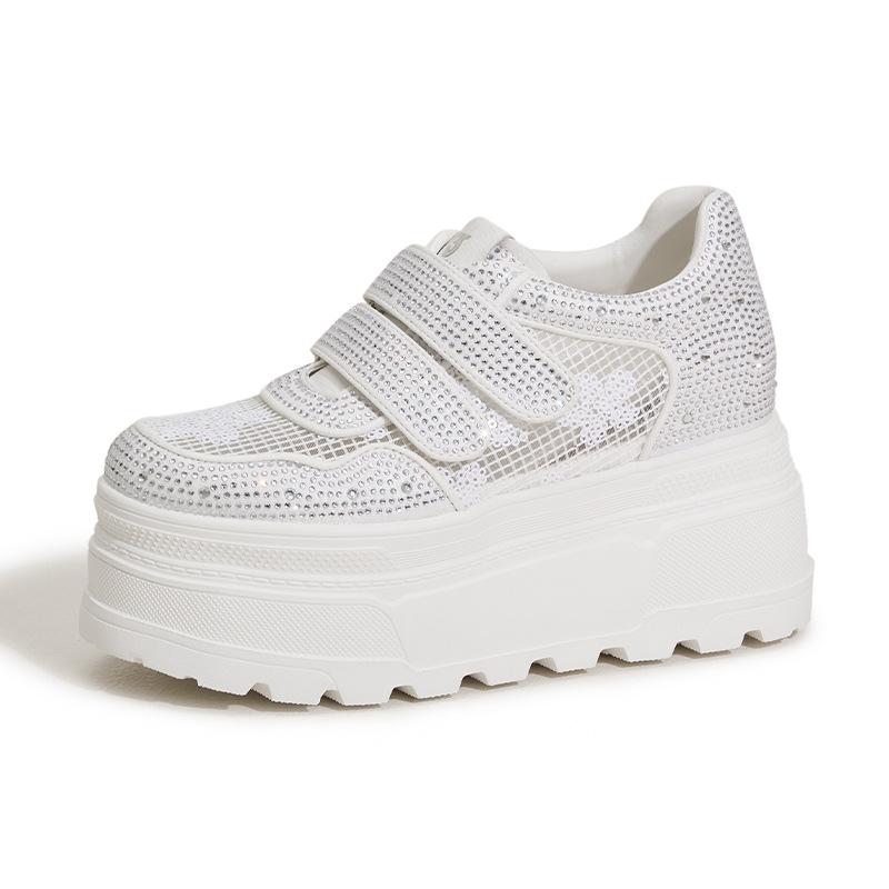 Fashion 10CM Women's Thick Heel Slip-On Shoes Spring Summer Style Breathable Mesh Upper Crystal Decorated Platform Sandals Comfortable