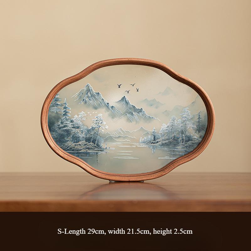 New Chinese Style Landscape Bamboo Glass Tea Trays Home Tea Set Tray Light Luxury High-end Tea Cup and Water Cup Tray