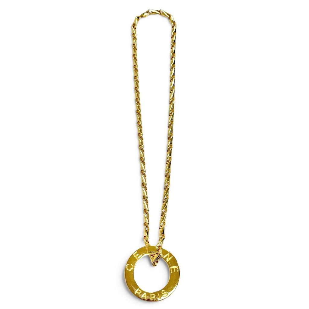 Excellent CELINE Circle Logo Design Chain Necklace Pendant Accessory gold Used