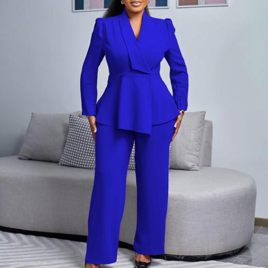 Damskie Zestawy 2-częściowe Plus Size Blazer z Długim Rękawem z Falbaną i Nierównym Dołem + Spodnie Garnitur Biznesowy Zestaw do Pracy Biurowej