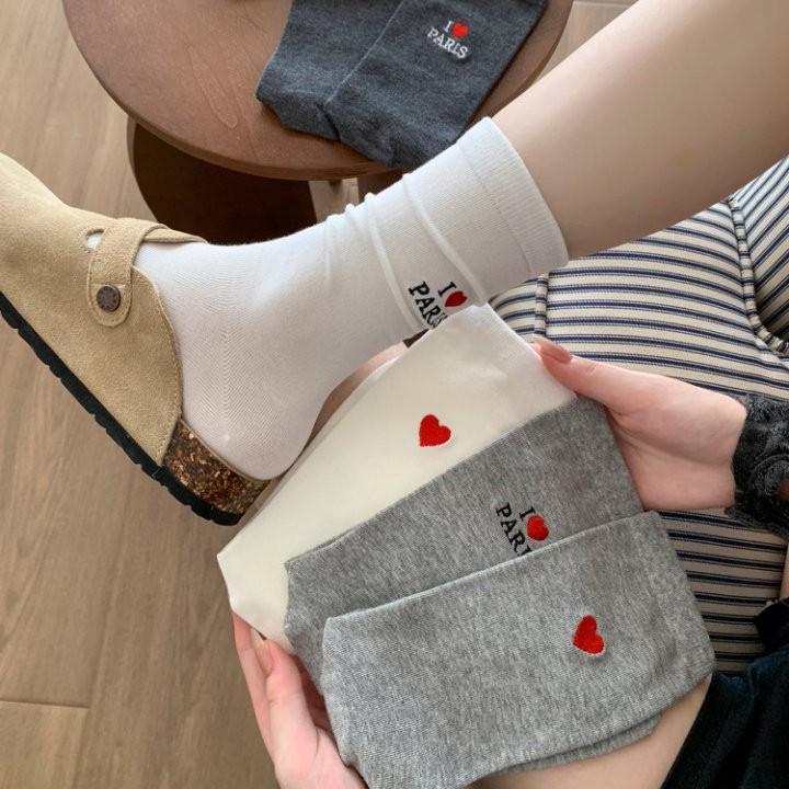 Korean Fashion English Heart Mid-Calf Slouch Socks - Trendy Embroidered College Style for Women & Girls