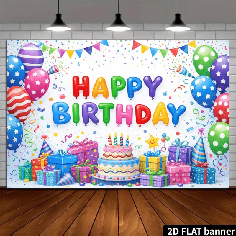 2D Rainbow Happy Birthday Photography Backdrop, Balloon & Gift Box Background