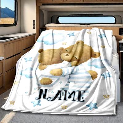 Teddy Bears In Pajamas Hugging Under Clouds And Stars Blanketcustomizable With Your Namecomfortable And Stylish Perfect For Travel Beds Chairs Offices