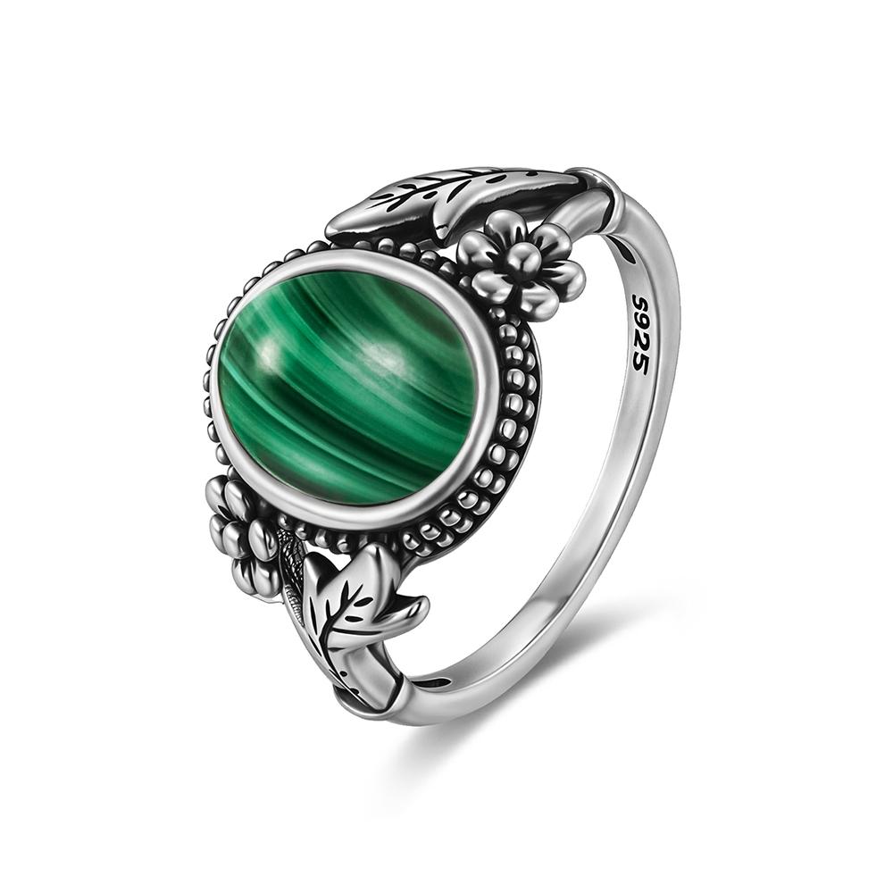 Vintage S925 Silver Ring Oval Round Natural Malachite Ring Sun And Flower Shaped Retro Fine Jewelry For Women Men