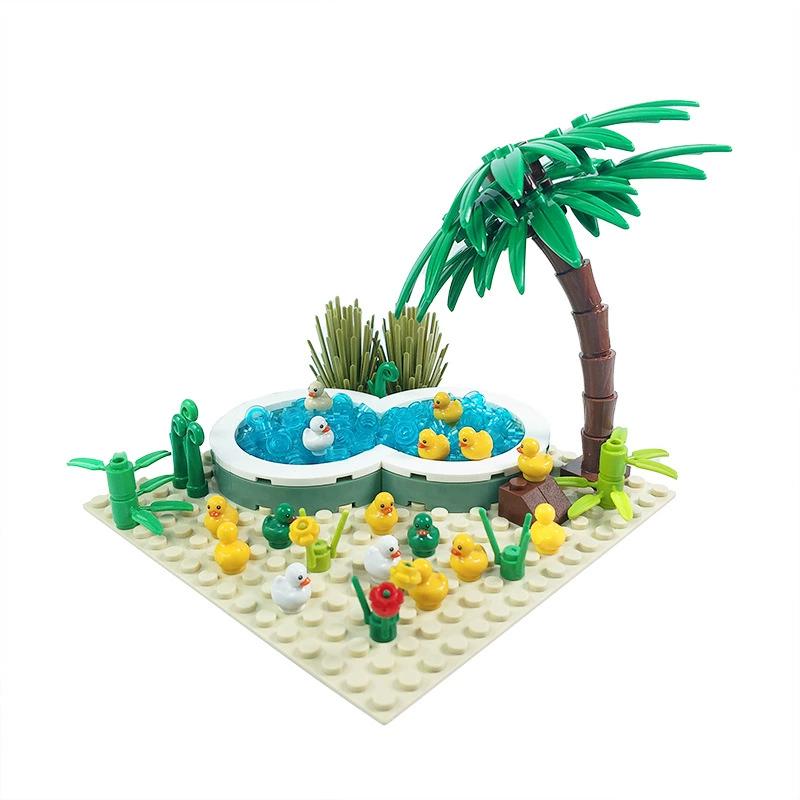 Ovly Yellow Duck Farm MOC Parts Set with Duck House Animals Duckling Duck Nest Duck Pool Coop DIY Building Block Kit