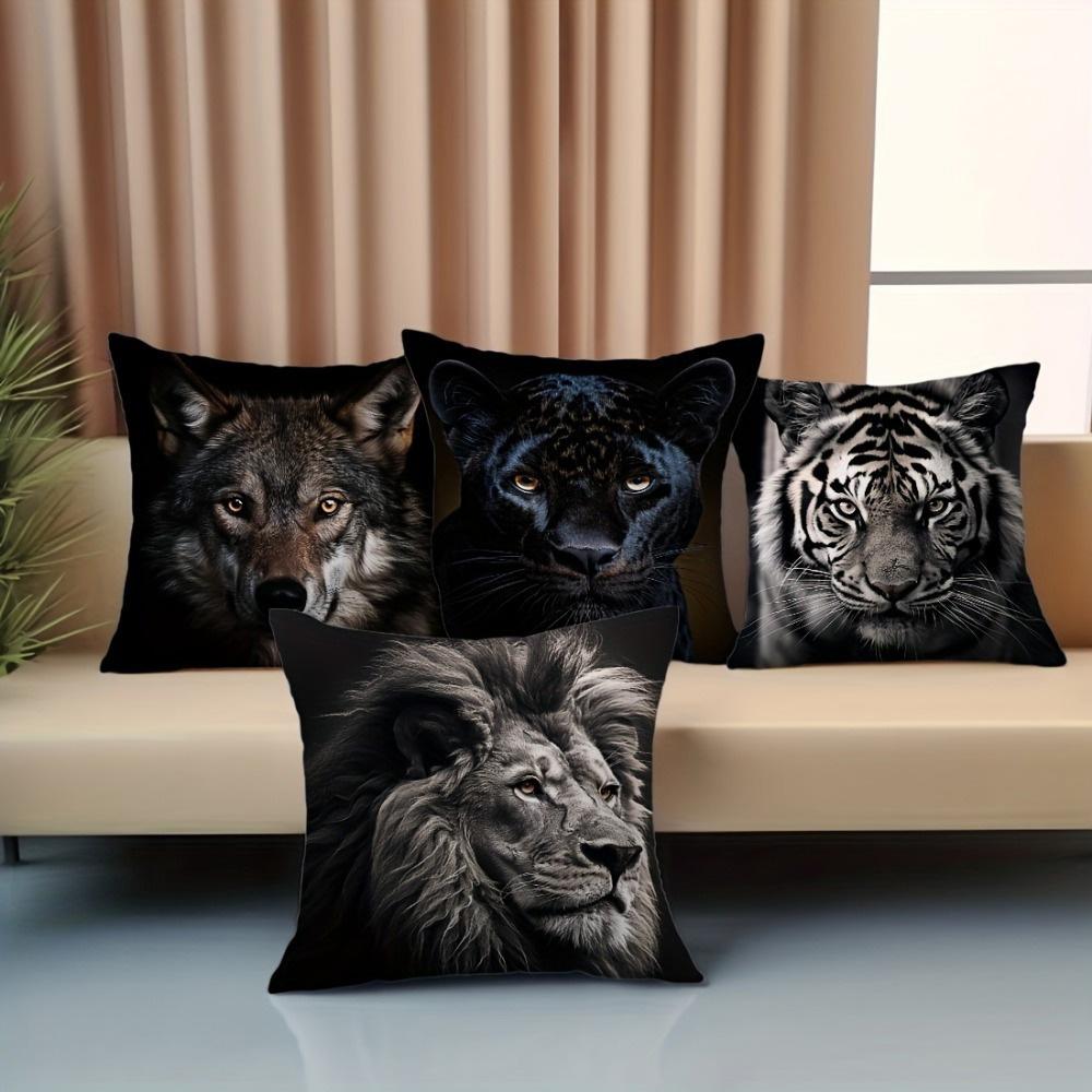 Four Animal Head Pillowcases: Lion, Tiger, Black Panther, and Wolf Sofa Cushion Cover Home Room Decoration 2D Flat Printing