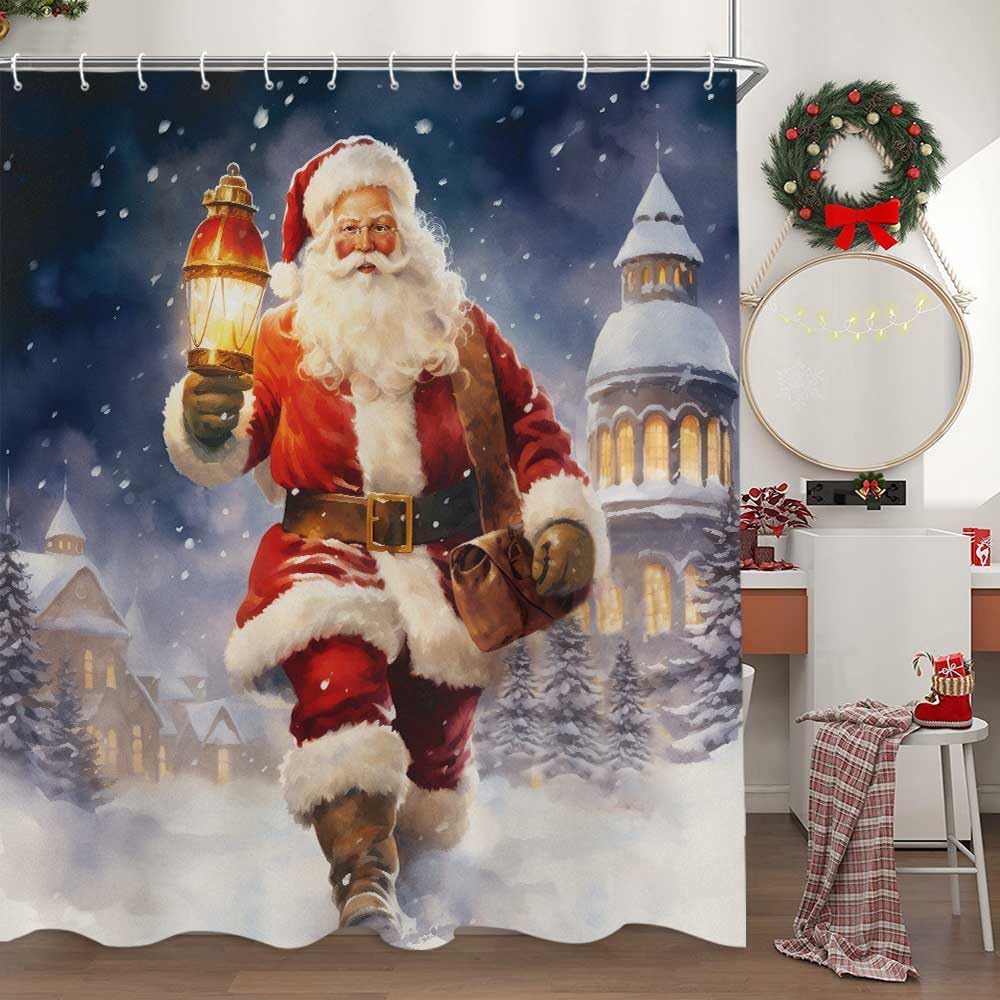 Christmas Santa Claus Shower Curtain, Merry Christmas Pink Santa Claus Waterproof Fabric Shower Curtain, Funny Xmas Santa Winter