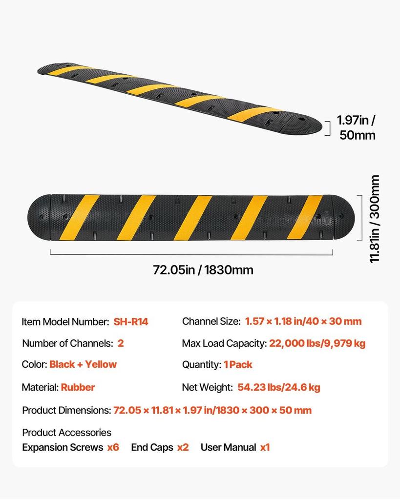 1830MM Rubber Speed Bump, 2 Channel, Heavy Duty Traffic Speed Hump, 9,979 kg/axle Load Capacity, Cable Protector Ramp with Expansion Screws, for